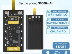 Sạc Dự Phòng Trong Suốt 30000 Với 2 Cổng Sạc Nhanh 22.5w và 20W Kèm 4 Đầu Sạc Màn Hình LED