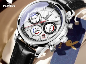 PLAYBOY Đồng hồ Nam Thật Dây da thạch anh chính hãng chống nước lịch Đa chức năng ánh sáng 3305